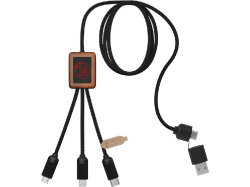 SCX.design C38 Зарядный кабель 3 в 1 из переработанного PET-пластика с красной подстветкой и квадратным деревянным корпусом, дерево